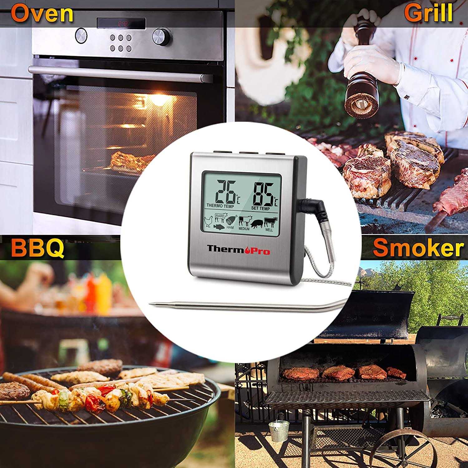 ThermoPro Tp-16 Large LCD Digital Cooking Food Meat Thermometer for Smoker Oven Kitchen BBQ Grill Thermometer Clock Timer with Stainless Steel