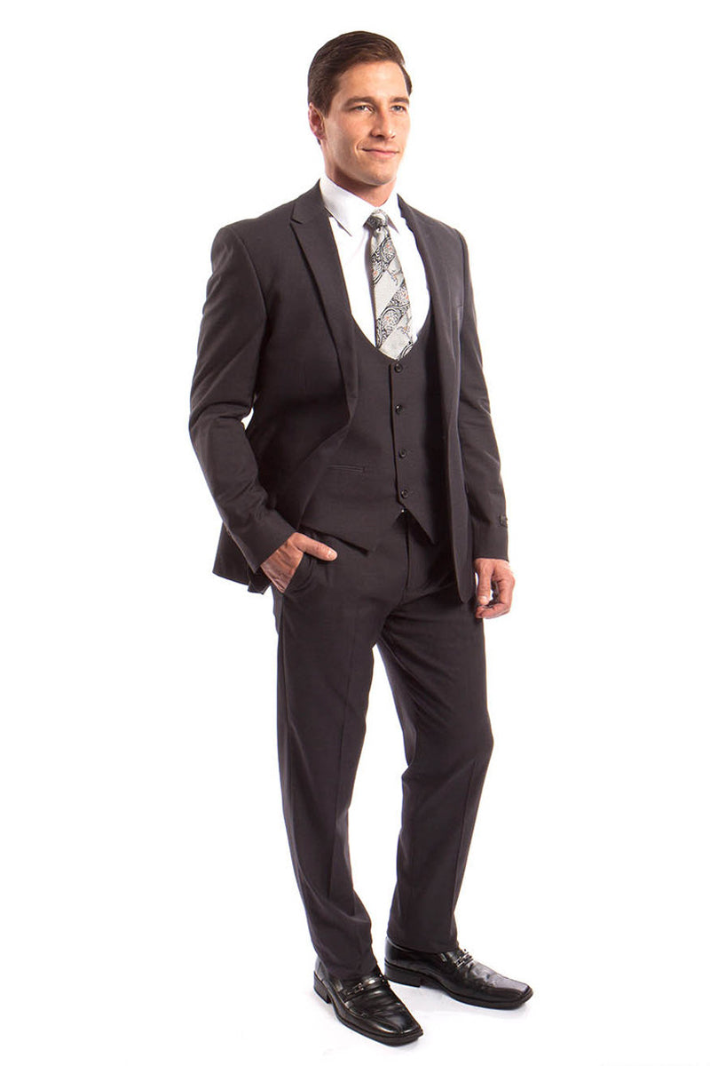 Men’s One Button Peak Lapel Skinny Wedding & Prom Suit with Lowcut Vest in Dark Grey