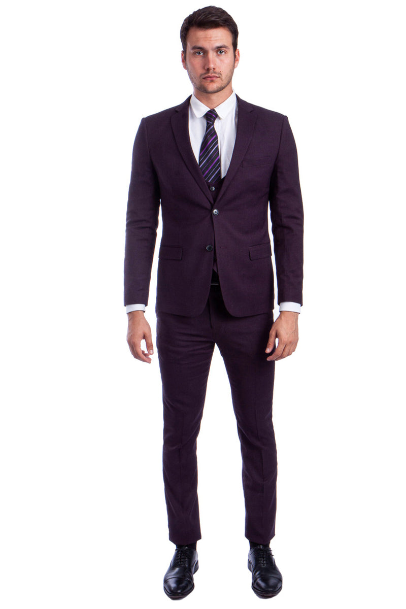 Men’s Two Button Skinny Fit Vested Suit in Burgundy