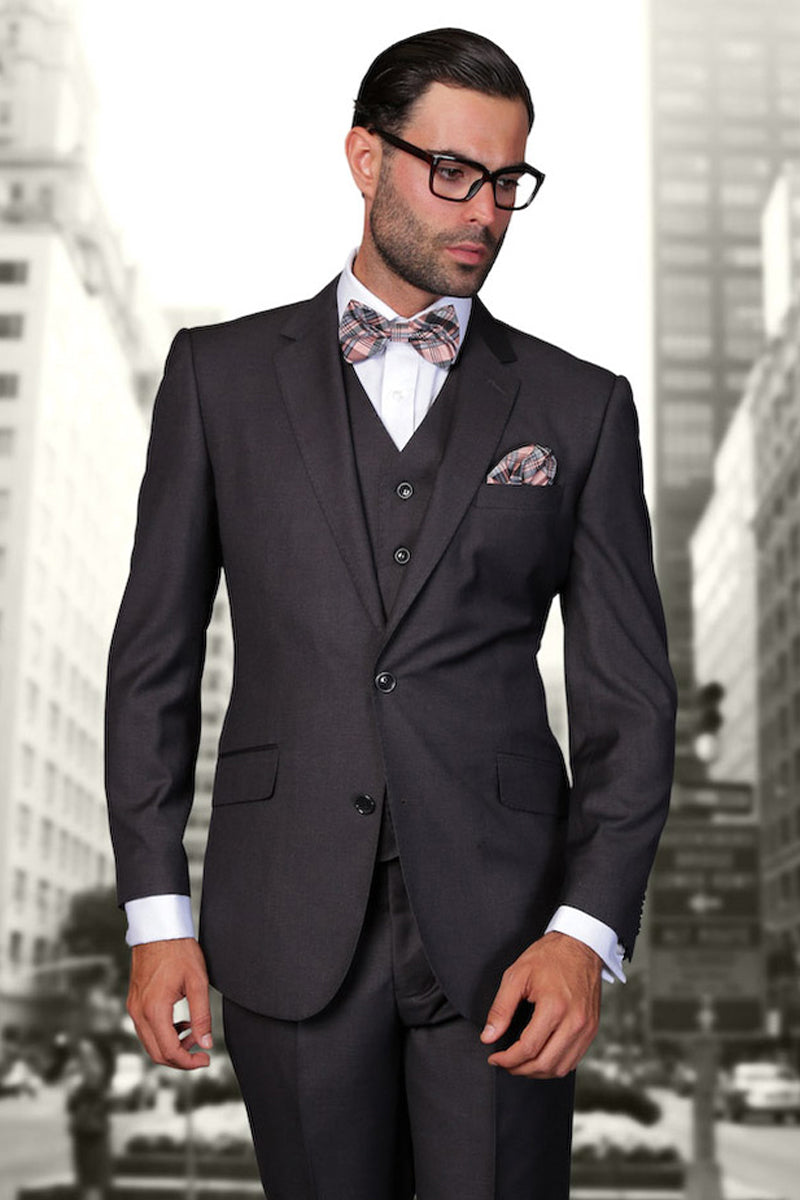 Men’s Designer Vested Modern Fit Wool Wedding & Business Suit in Charcoal
