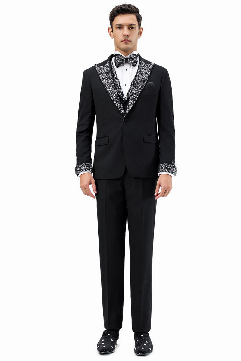 Men’s One Button Rhinestone Peak Lapel Vested Prom Tuxedo in Black