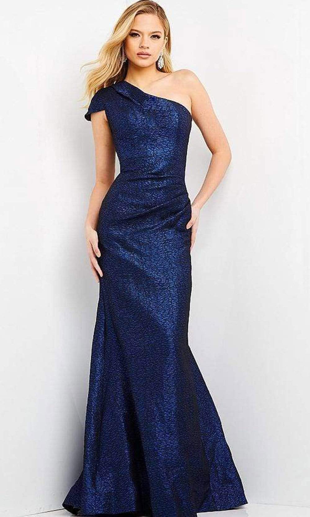 06751 One Shoulder Metallic Jacquard Junior Prom Dress