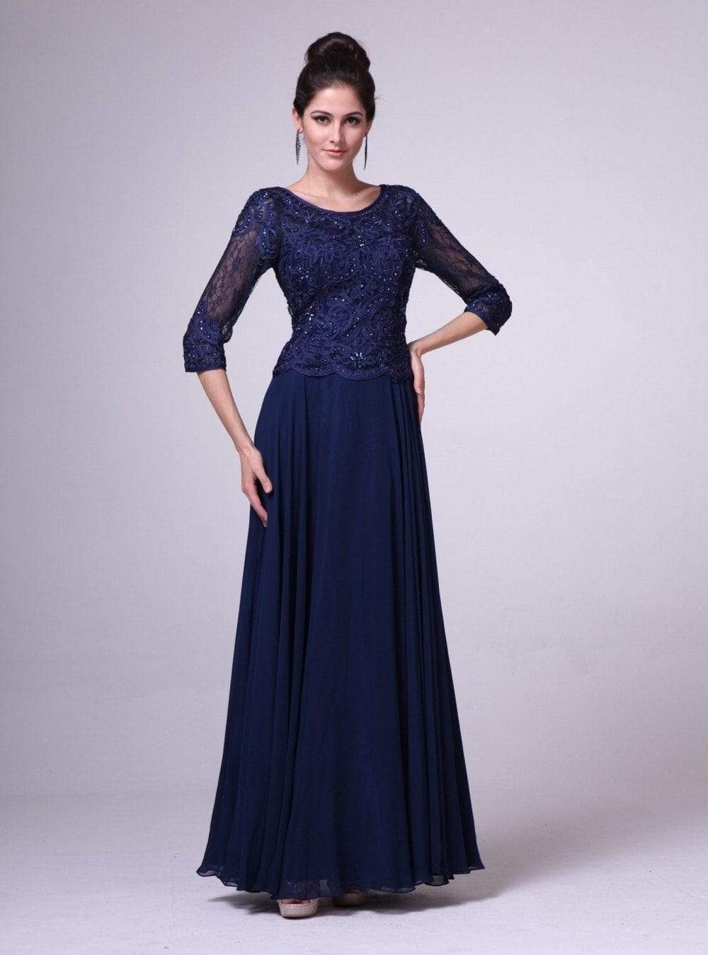14327 Quarter Sleeve Soutache Bodice A-Line Long Formal Dress
