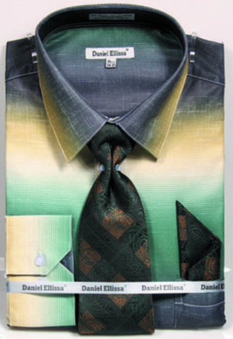 Men’s Multi-Color Faded Print Dress Shirt & Tie Set in Green