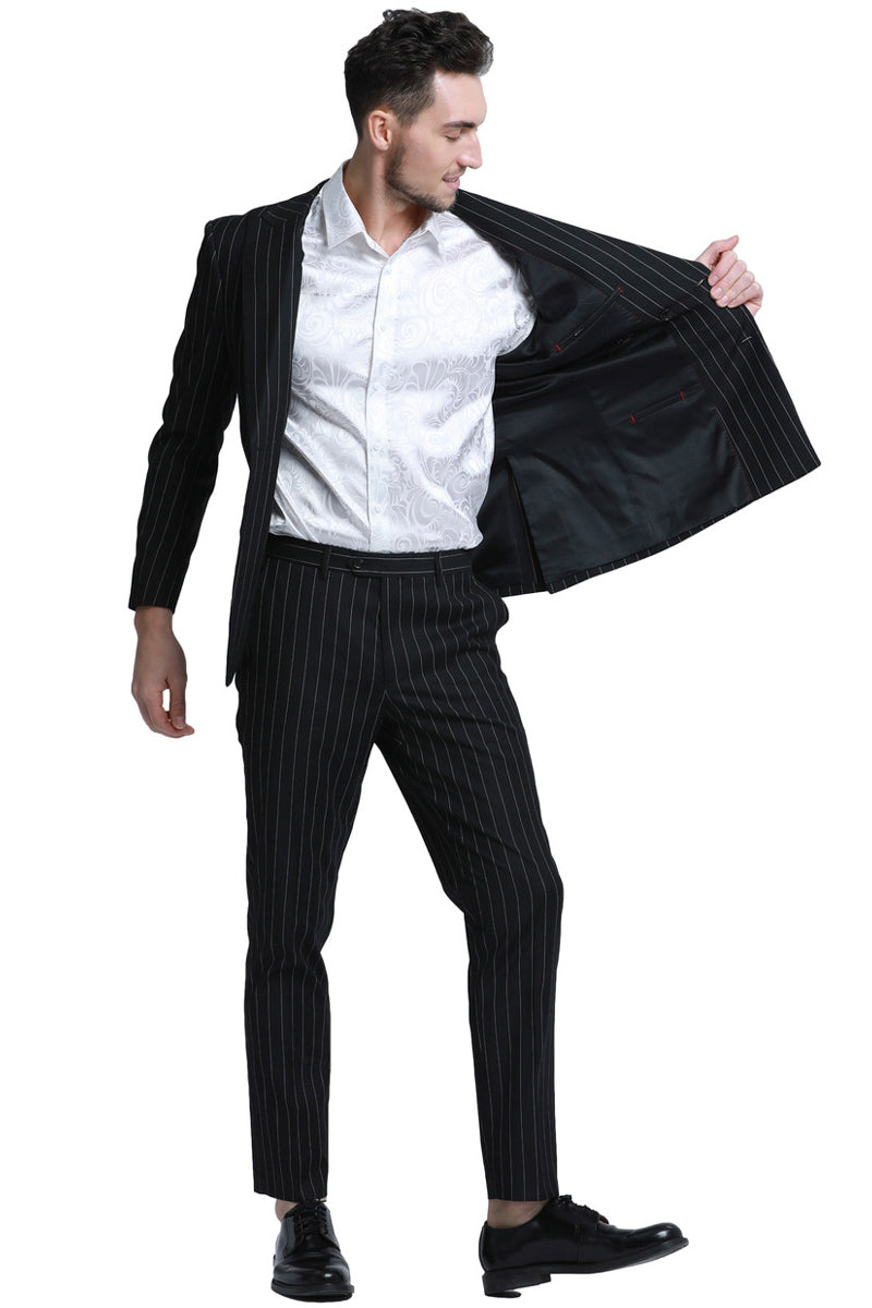Men’s Slim Fit Double Breasted Bold Gangster Pinstripe Suit in Black