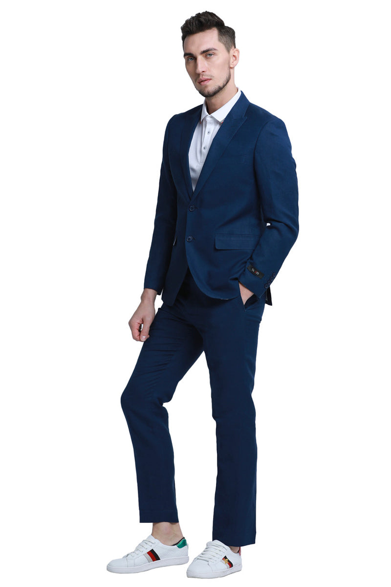 Men’s Two Button Peak Lapel Summer Linen Style Beach Wedding Suit in Navy Blue