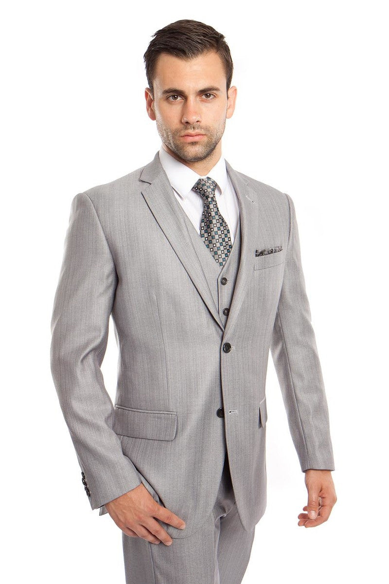 Men’s Two Button Vested Textured Sharkskin Business Suit in Light Grey
