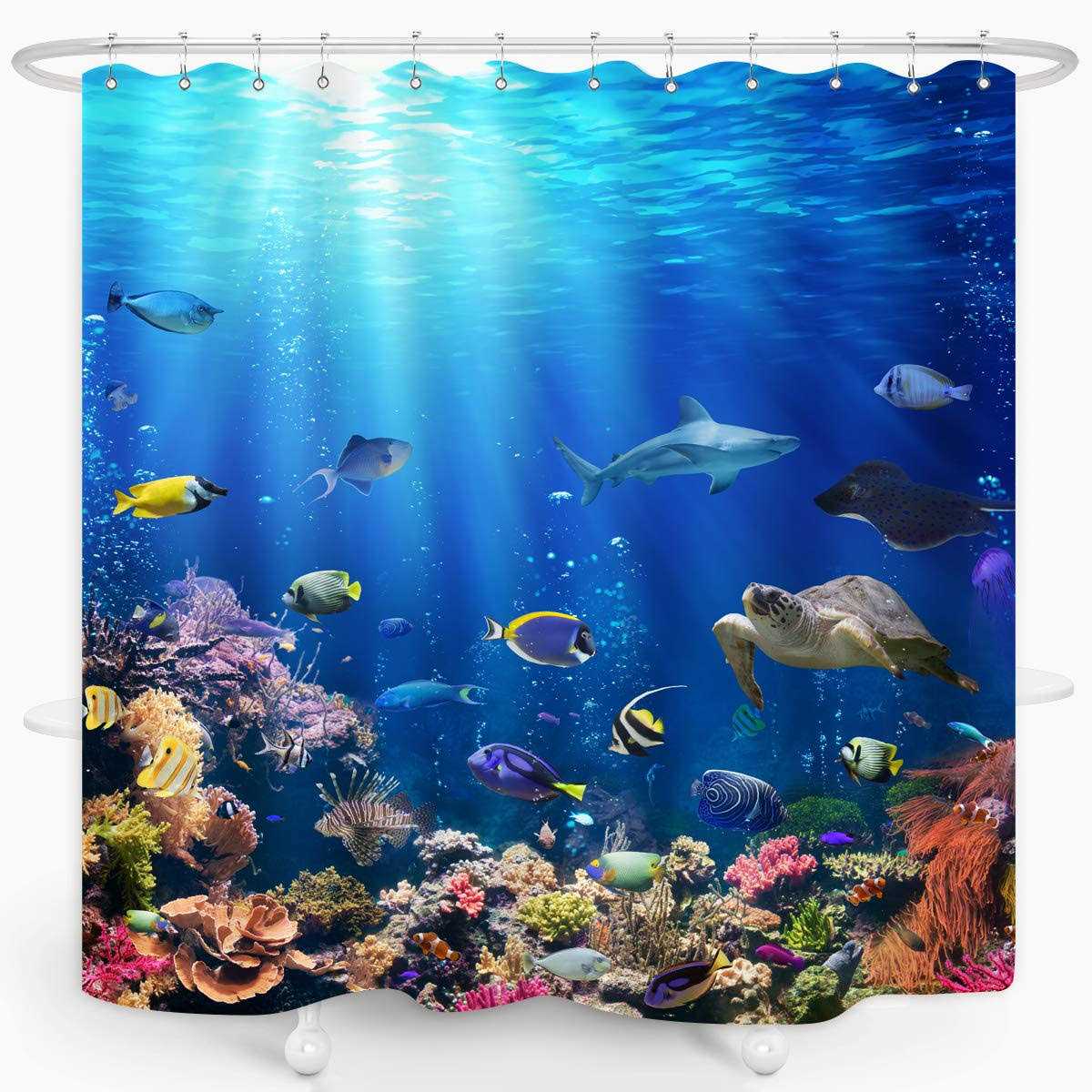 Zxmbf Ocean Underwater World Shower Curtain Colorful Tropical Fishes Turtle Coral in The