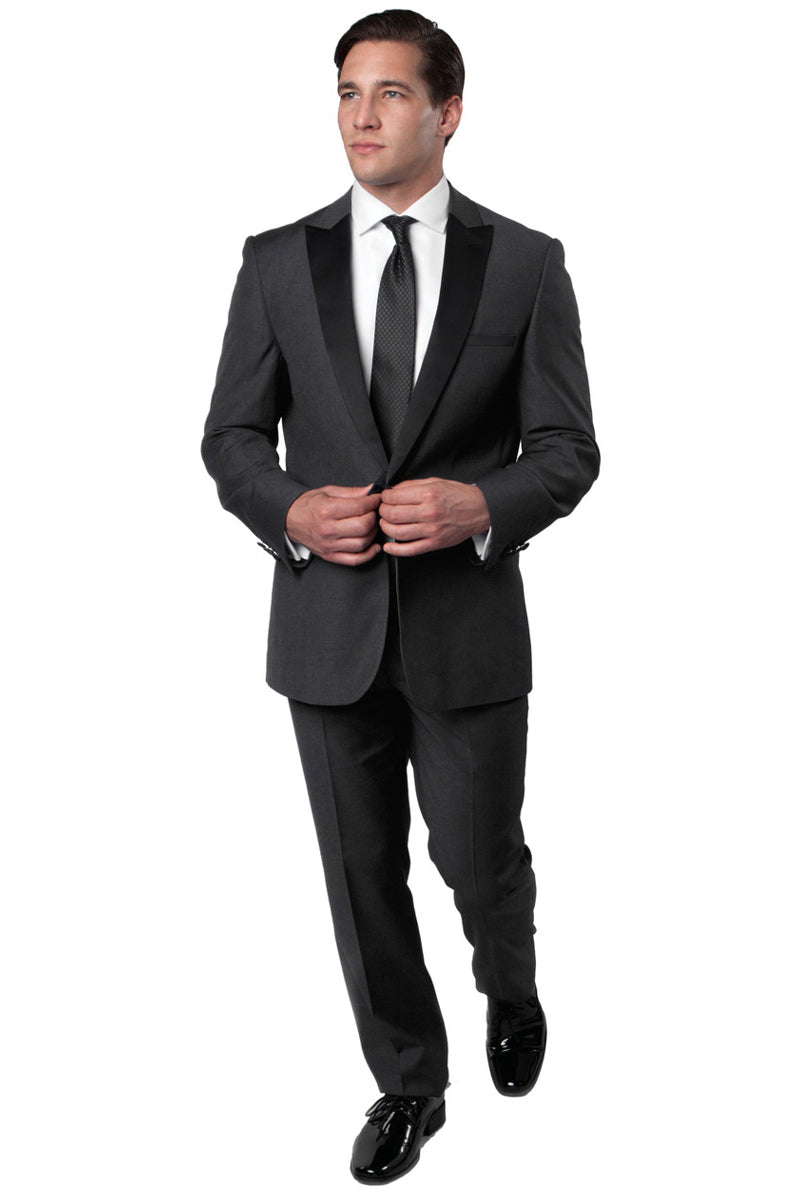 Men’s Slim Fit One Button Peak Lapel Wedding Tuxedo in Charcoal Grey