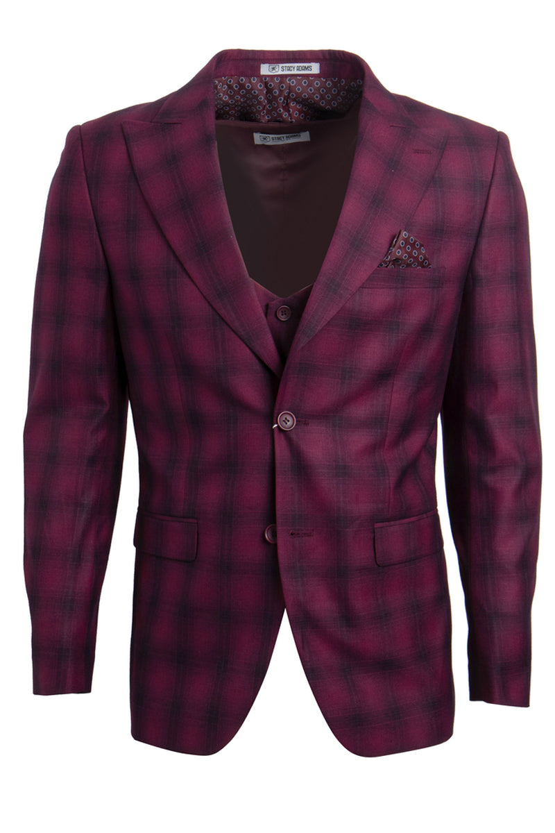 Men’s Stacy Adams Two Button Vested Bold Windowpane Plaid Suit in Burgundy