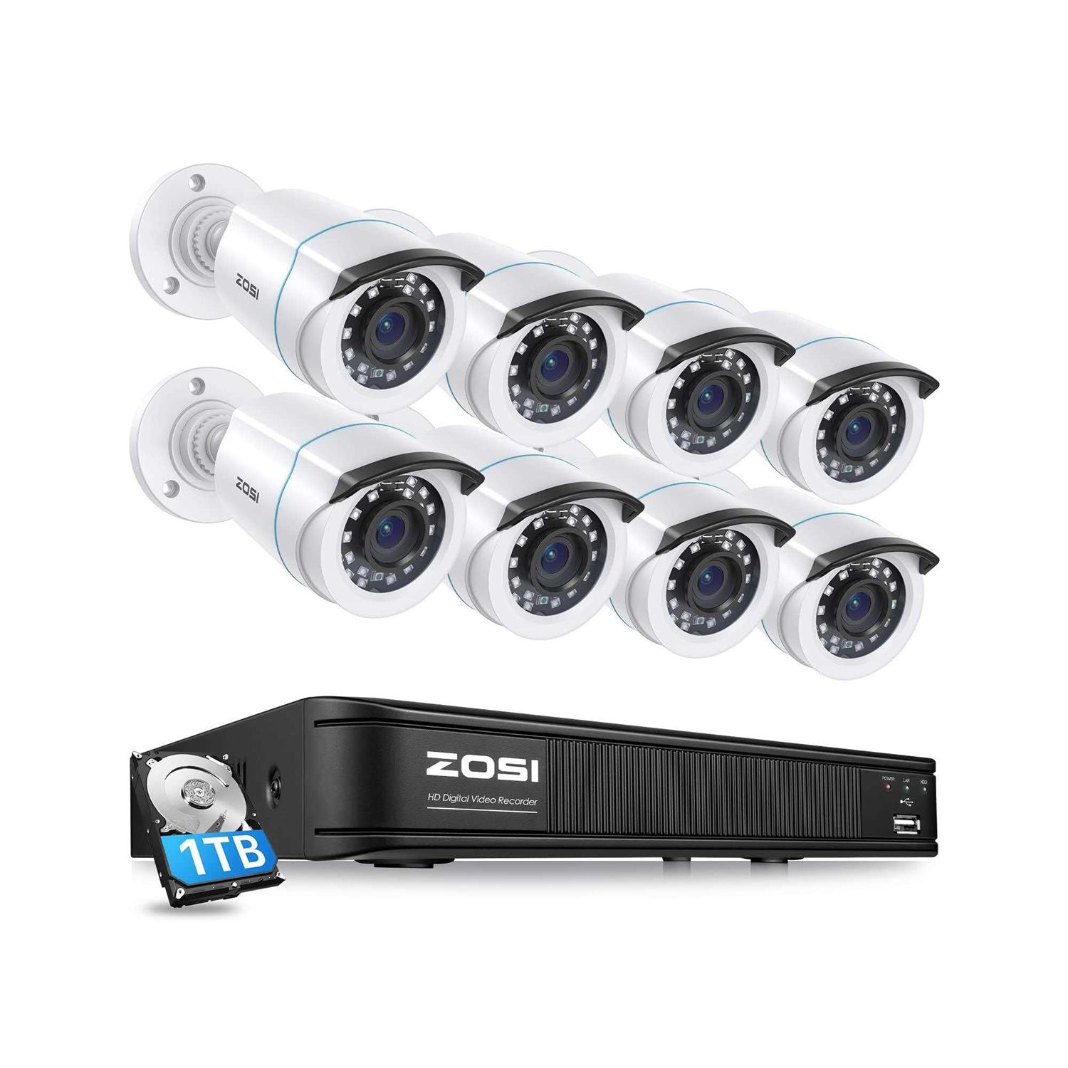 ZOSI H.265+ 8-Channel 5MP-Lite DVR 1TB Hard Drive Security Camera System with 8 1080P Wired Bullet Cameras