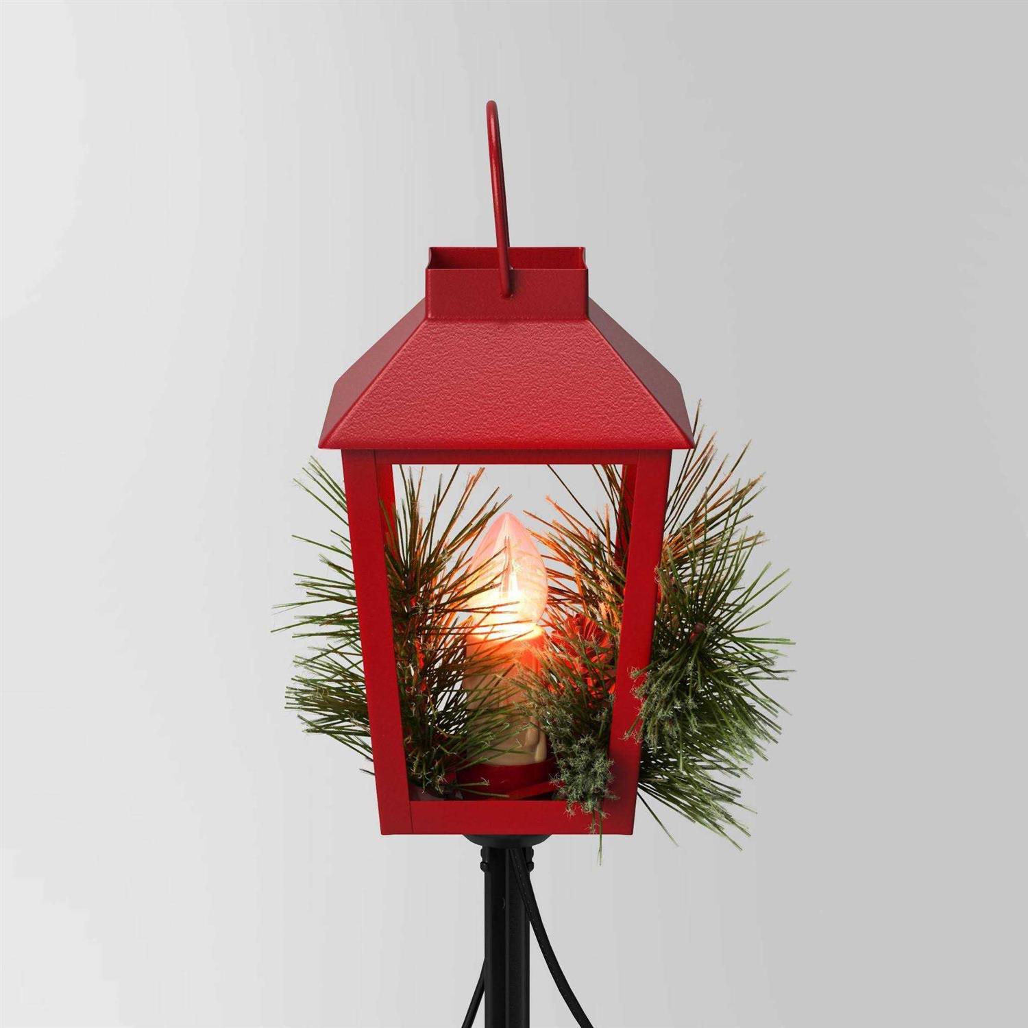 Wondershop 3pc Incandescent Red Metal Lantern with Greenery Christmas Novelty Path Light Clear