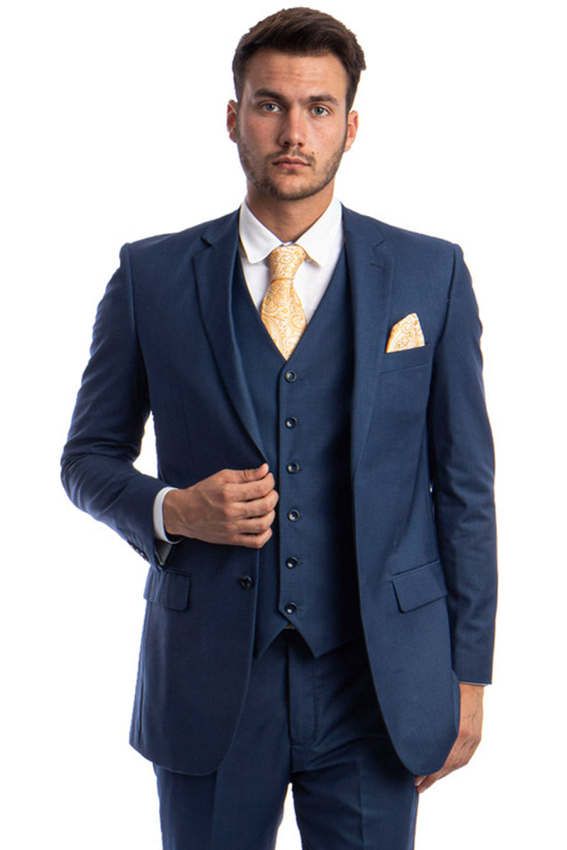 Men’s Vested Two Button Solid Color Wedding & Business Suit in Indigo Blue