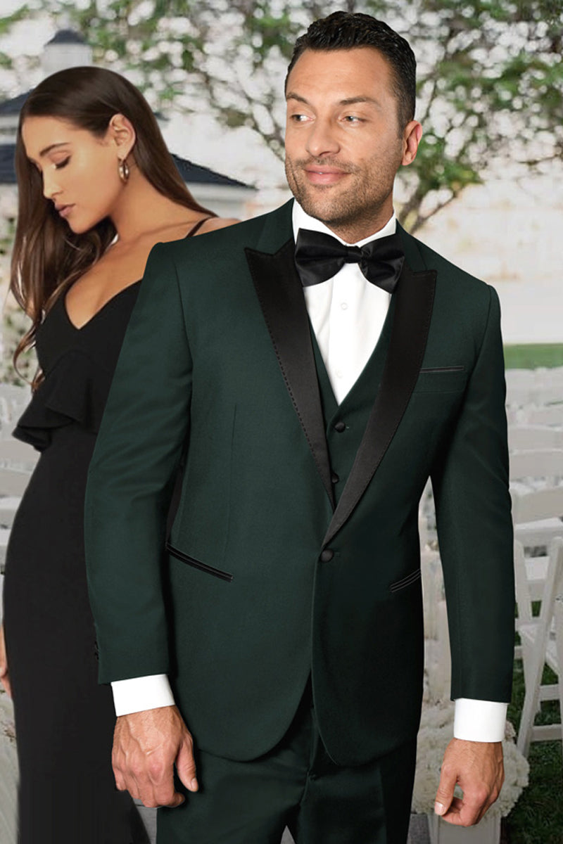 Men’s Vested One Button Peak Lapel Designer Wedding Tuxedo in Hunter Green