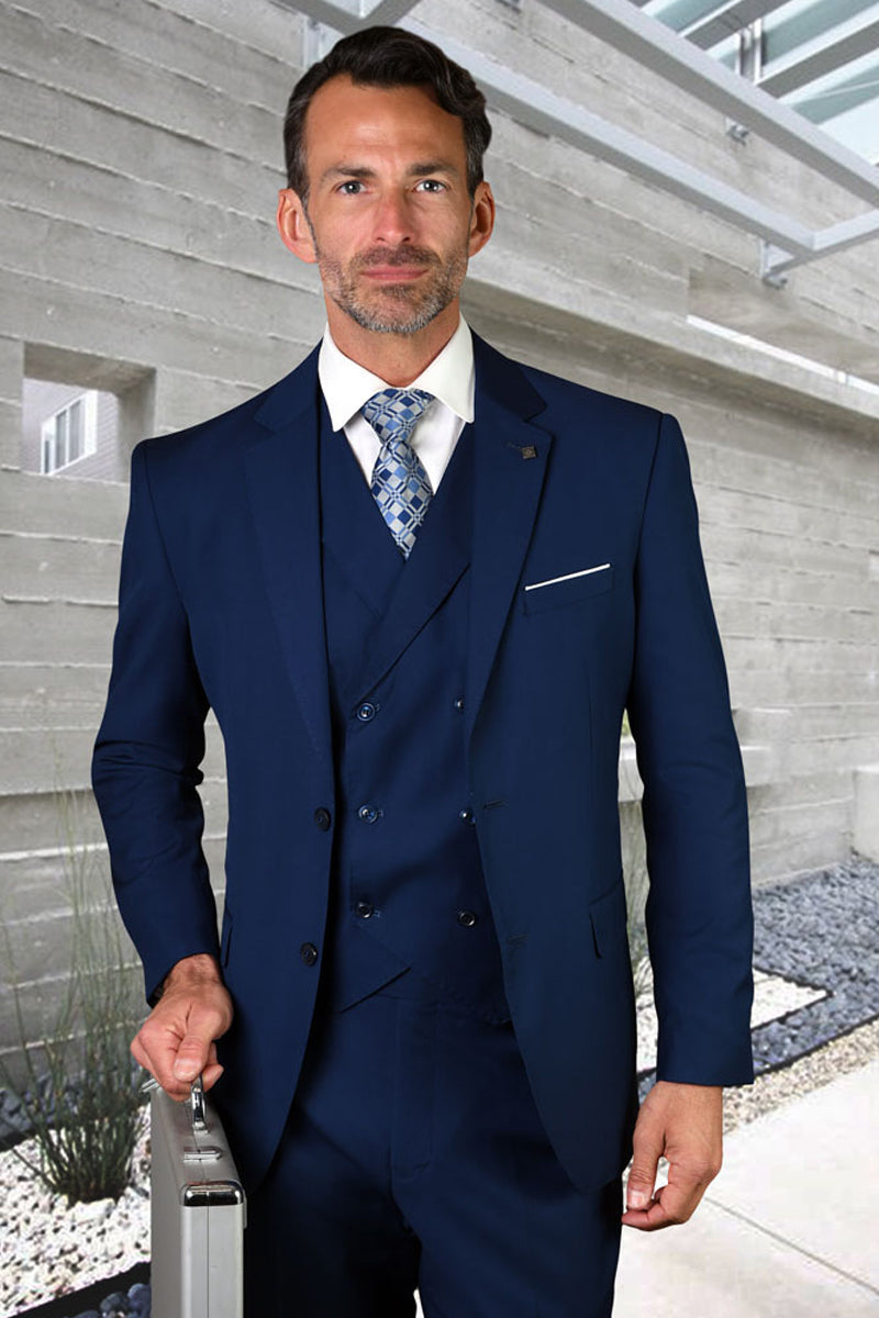Men’s Designer Modern Fit Double Breasted Vest Wool Wedding Suit in Sapphire Blue
