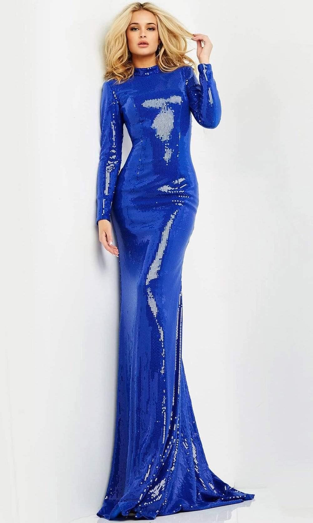 06214 Sequined Long Sleeve High Neck Trumpet Gown