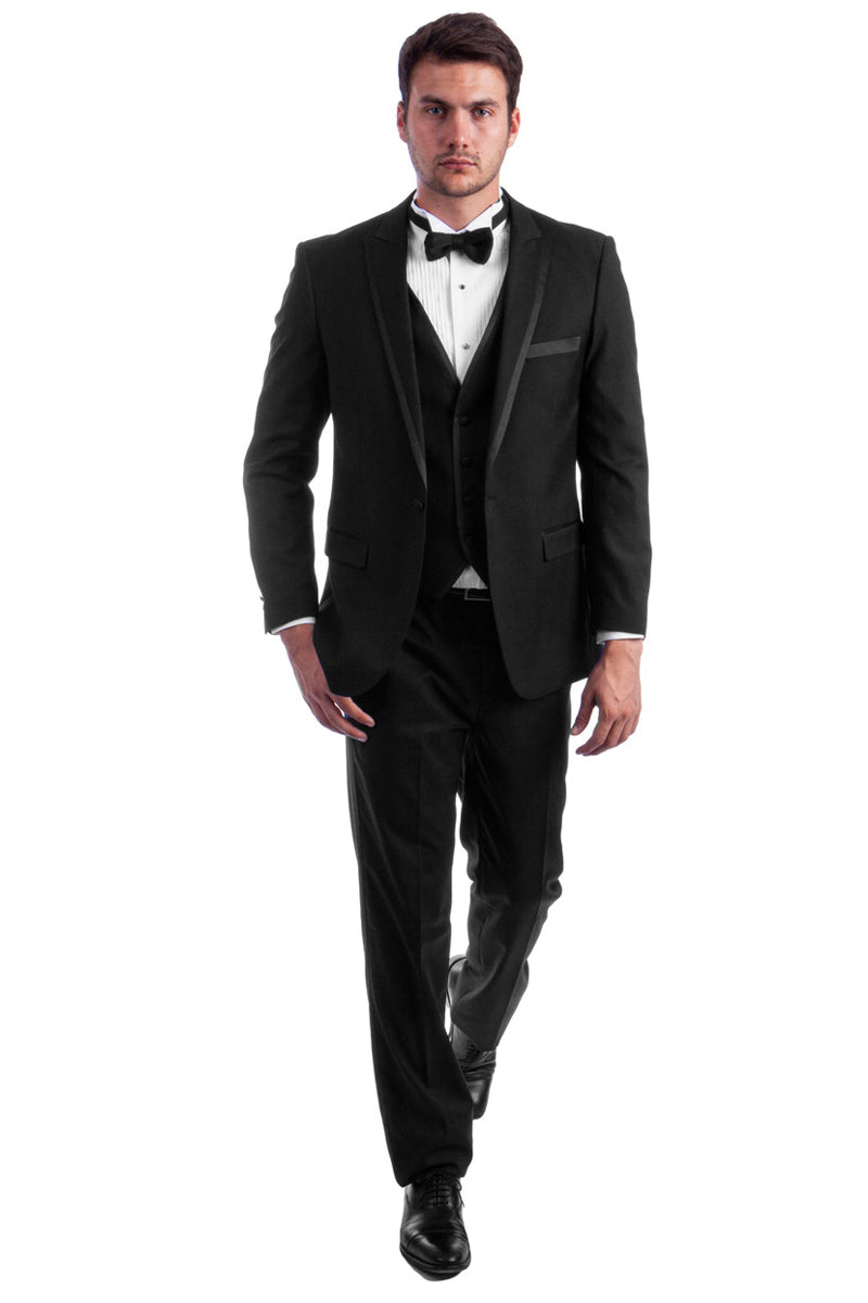 Men’s One Button Peak Wedding Tuxedo with Satin Trim in Black