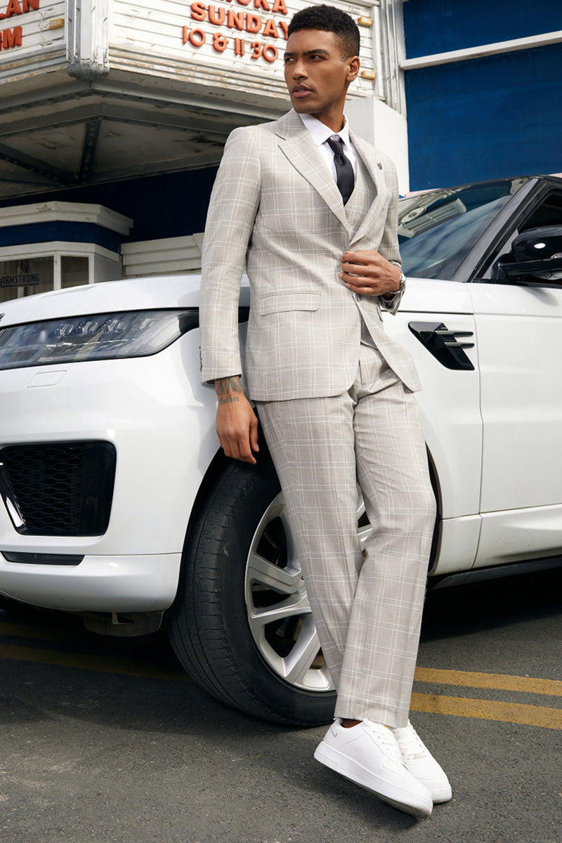 Men’s Stacy Adam’s Two Button Vested Business Suit in Light Grey Plaid