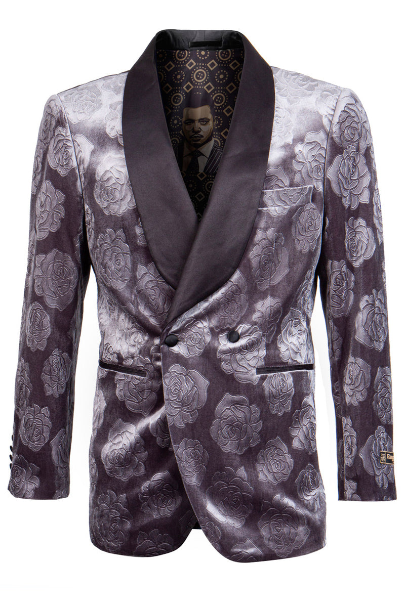 Men’s Double Breasted Floral Rose Print Velvet Smoking Jacket in Grey