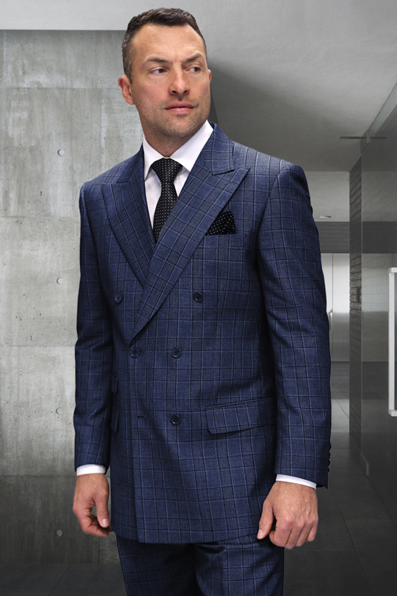 Men’s Designer Classic Fit Double Breasted Wool Suit in Sapphire Blue Plaid