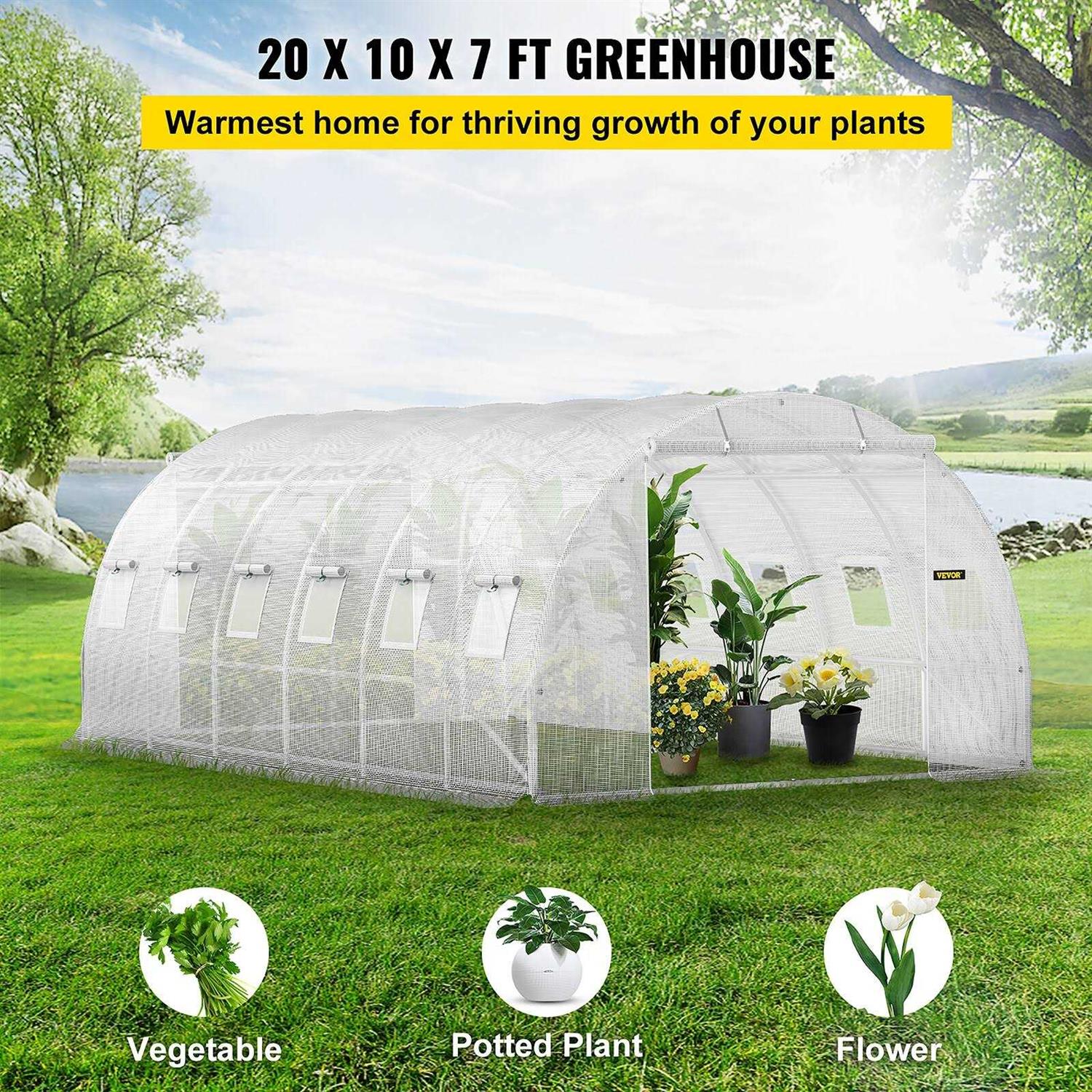 VEVOR Walk-in Tunnel Greenhouse 20 x 10 x 7 ft Portable Plant Hot House w/Zippered Door