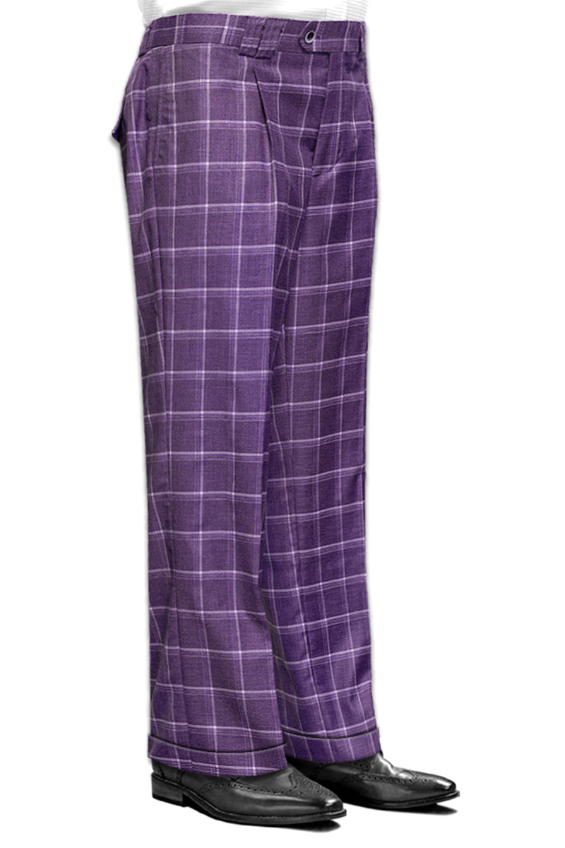Men’s Designer Wool Pleated Wide Leg Dress Pants in Mauve Windowpane Plaid