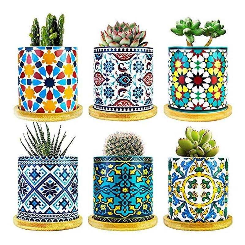 Ascrafter 6 Pack Mandala Succulent Plant Pot with Bamboo Trays
