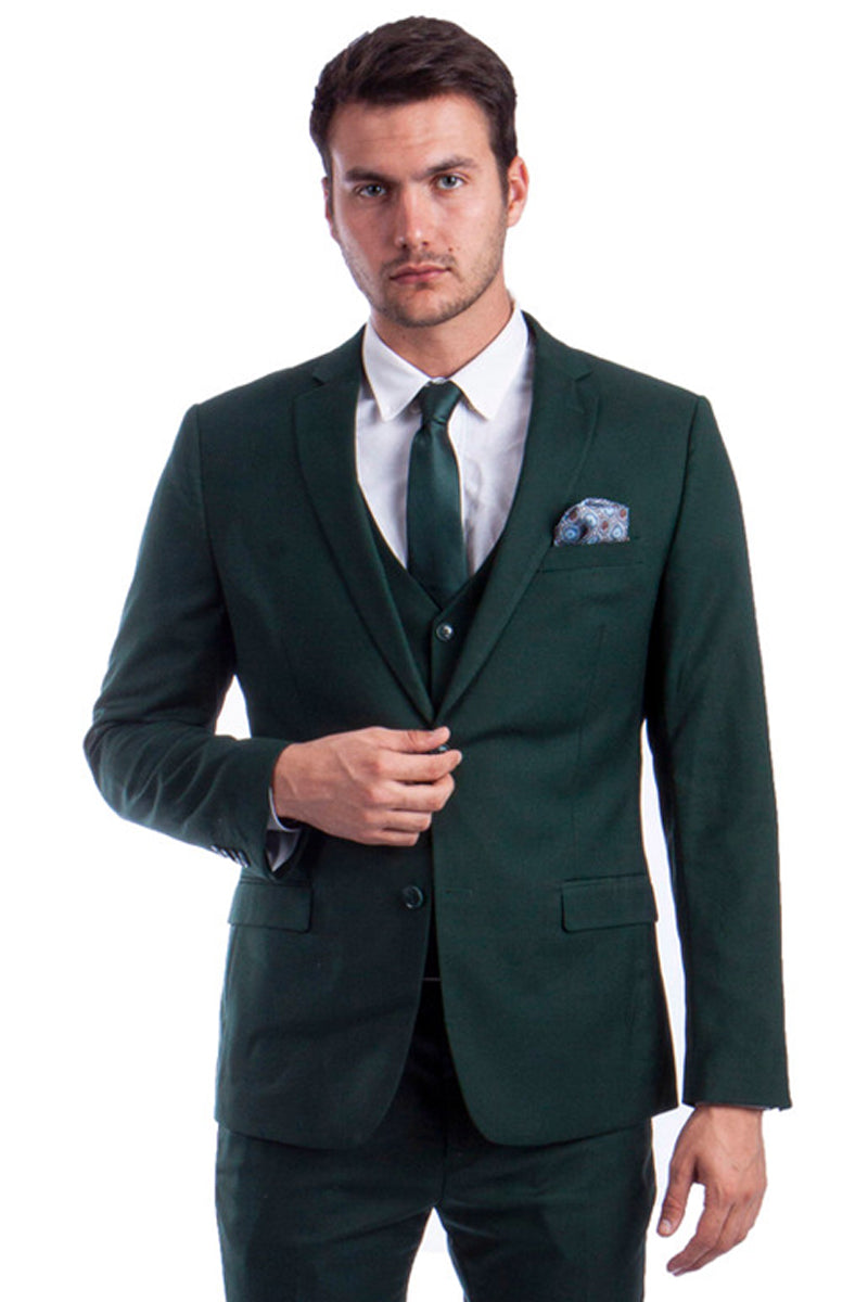 Men’s Two Button Slim Fit Vested Solid Basic Color Suit in Forest Green