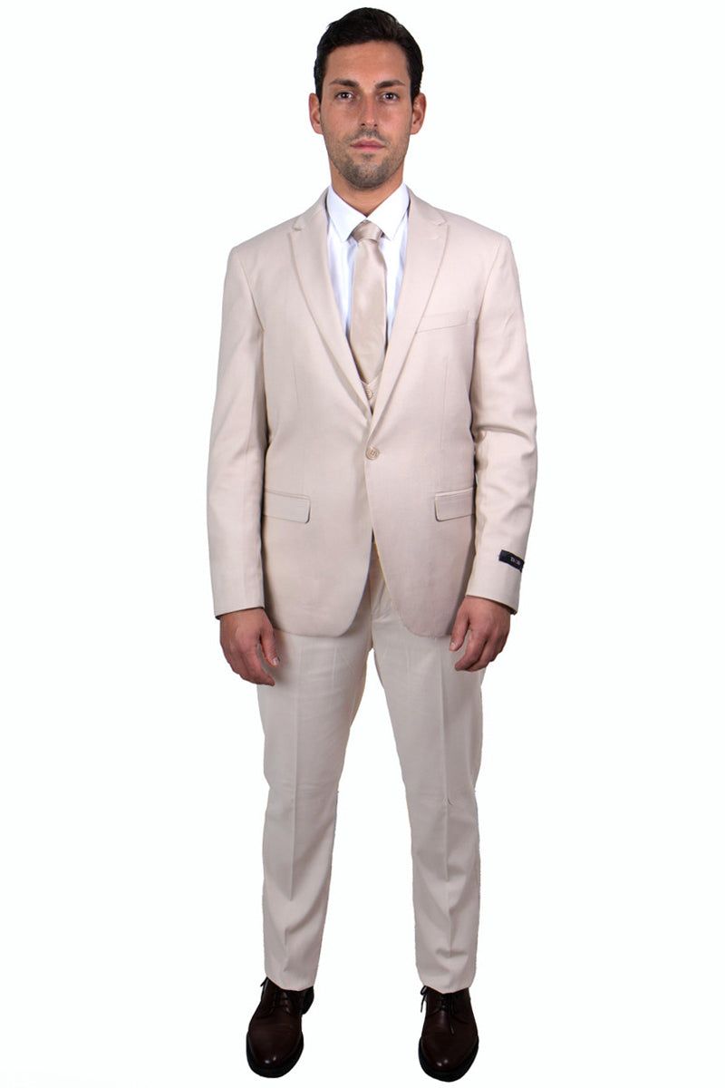 Men’s One Button Peak Lapel Skinny Wedding & Prom Suit with Lowcut Vest in Tan