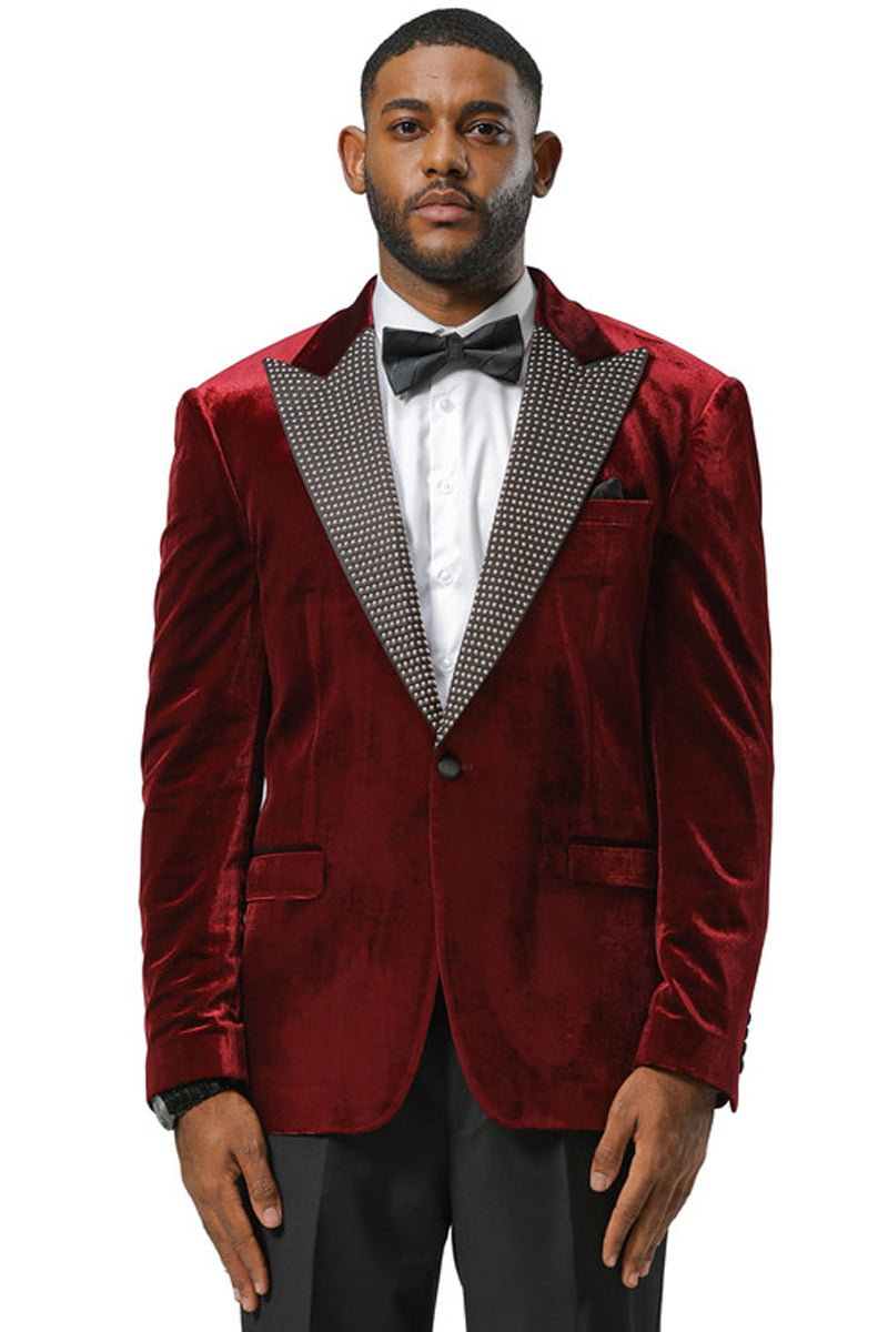 Men’s Stacy Adams Velvet Wedding & Prom Tuxedo Jacket With Rhinestone Adorned Lapel in Burgundy