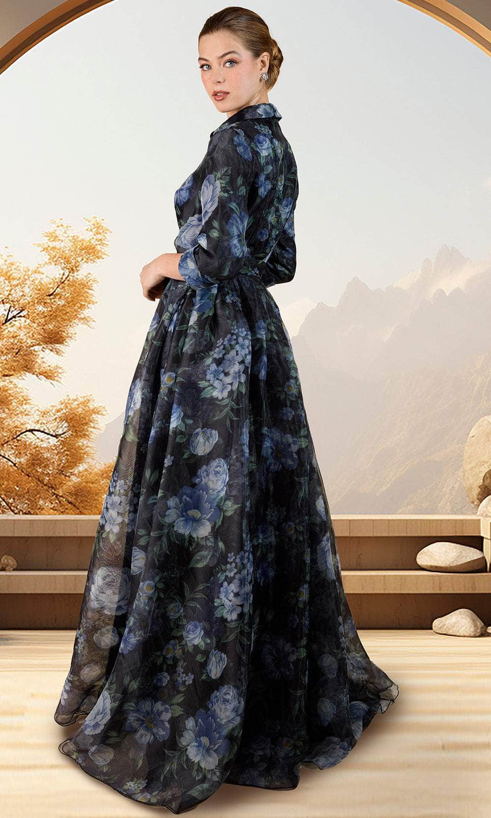 Collar Neck Floral Evening Dress