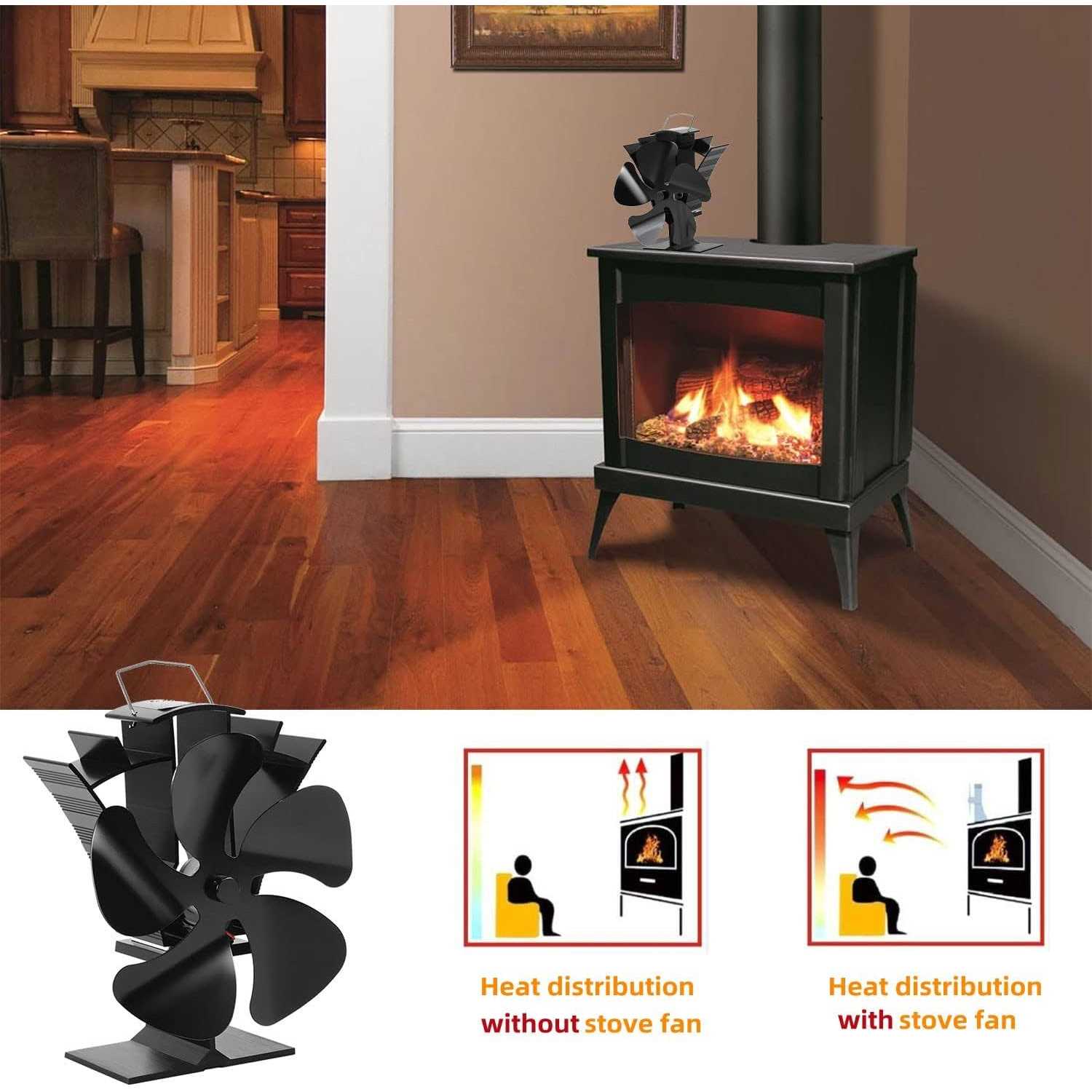 Voda 5 Blades Wood Stove Fan Newly designed Small Heat Powered Fans Fireplace Ec