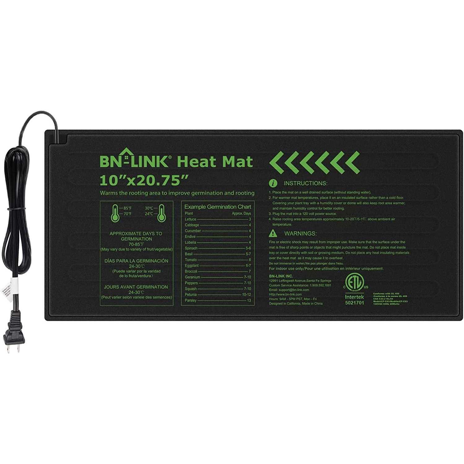 BN-LINK Durable Seedling Heat Mat Warm Hydroponic Heating Pad Waterproof 10 x 20.75 for Seed Starting Greenhouse and Germination