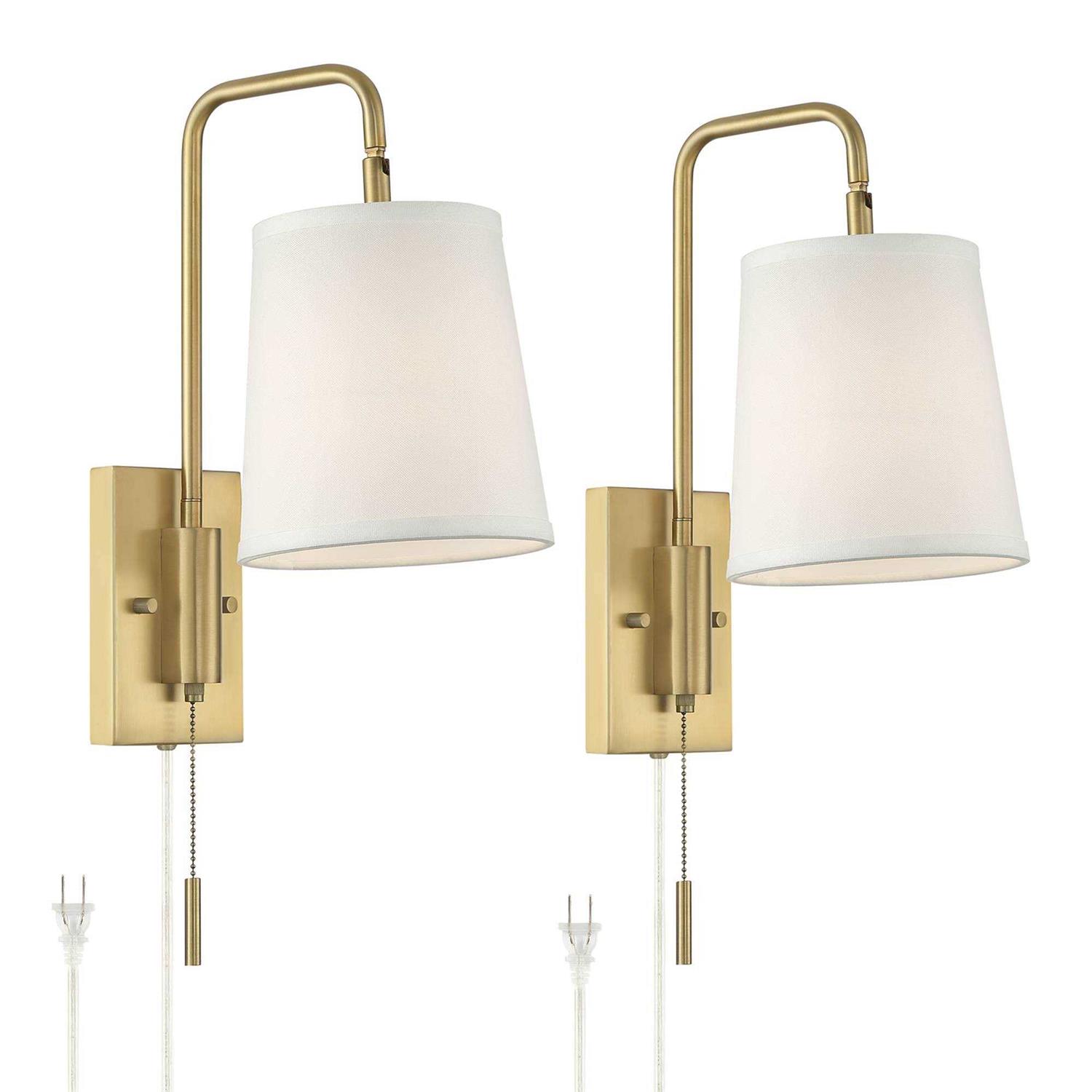 360 Lighting Luca Modern Swing Arm Wall Lamps Set of 2 Warm Brass Metal Plug-in Light Fixture White Fabric Drum Shade for Bedroom Bedside House Reading Living