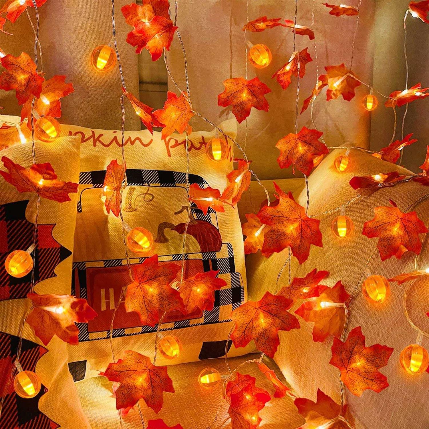 toplee 3 Pack Thanksgiving Garland With Pumpkin Lights & Enlarged Maple Fall String Lights Thanksgiving Halloween Pumpkins Lights