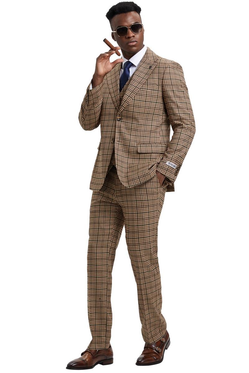 Men’s Stacy Adams Vested Modern Fit Houndstooth Glen Plaid Suit in Camel & Green
