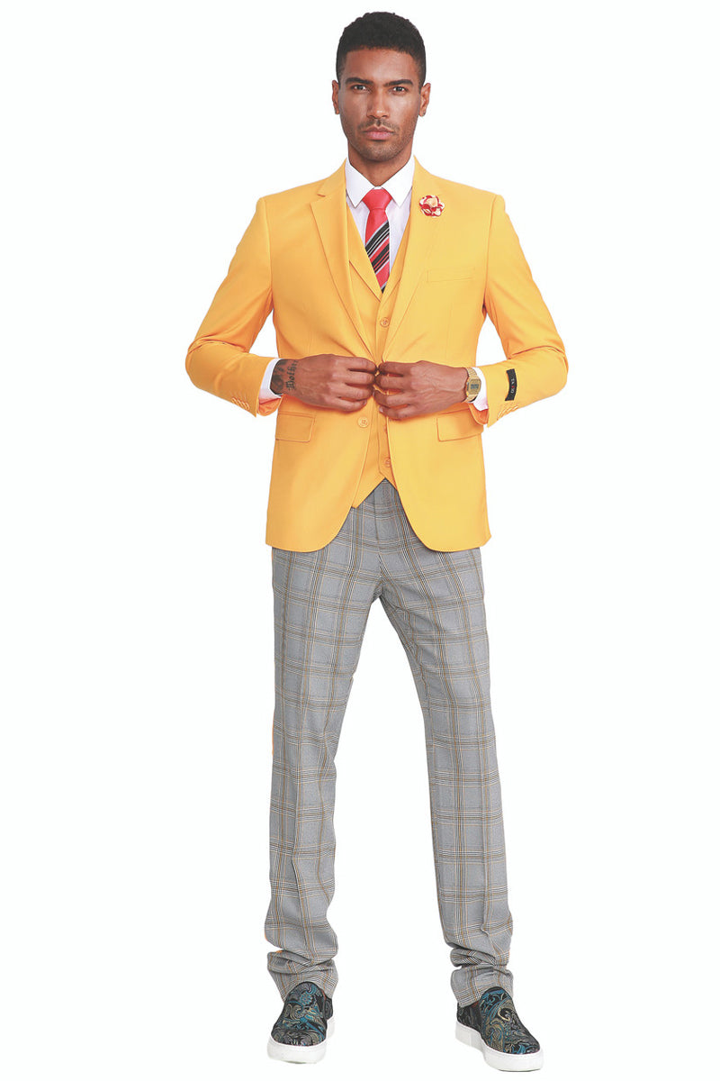 Men’s Two Button Vested Summer Suit in Canary Yellow with Grey & Yellow Plaid Pants