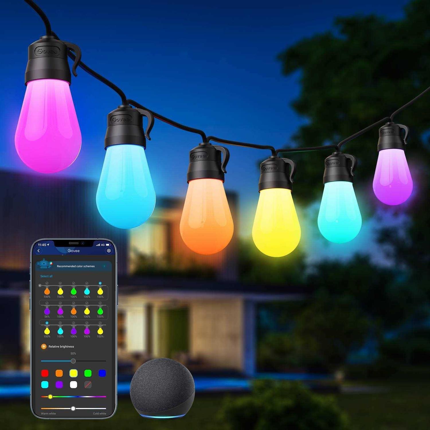 96ft Govee Smart Outdoor String Lights with RGBIC Warm White LED Bulbs