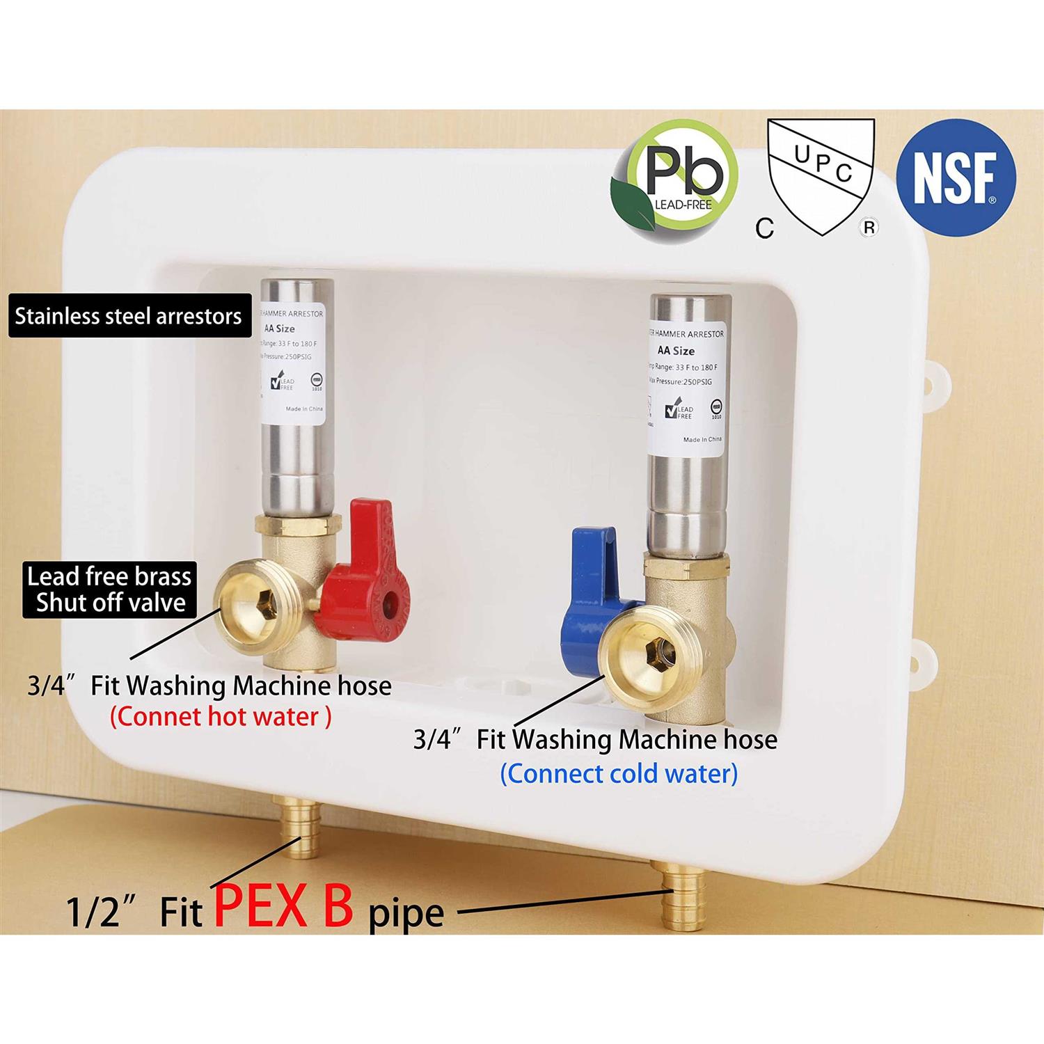 Whk Washing Machine Outlet Box,Pex Laundry Box Washer Wall Box With Drain Recessed Water Valve Box Center Double Drain 1/2-inch Crimp Pex B,PVC