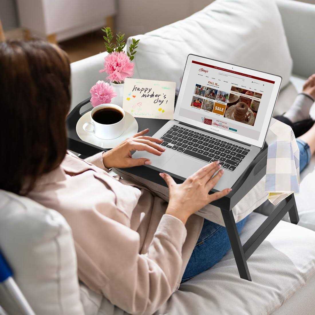 Bed Tray Table with Handles Folding Legs Bamboo Breakfast Tray Tray Tray