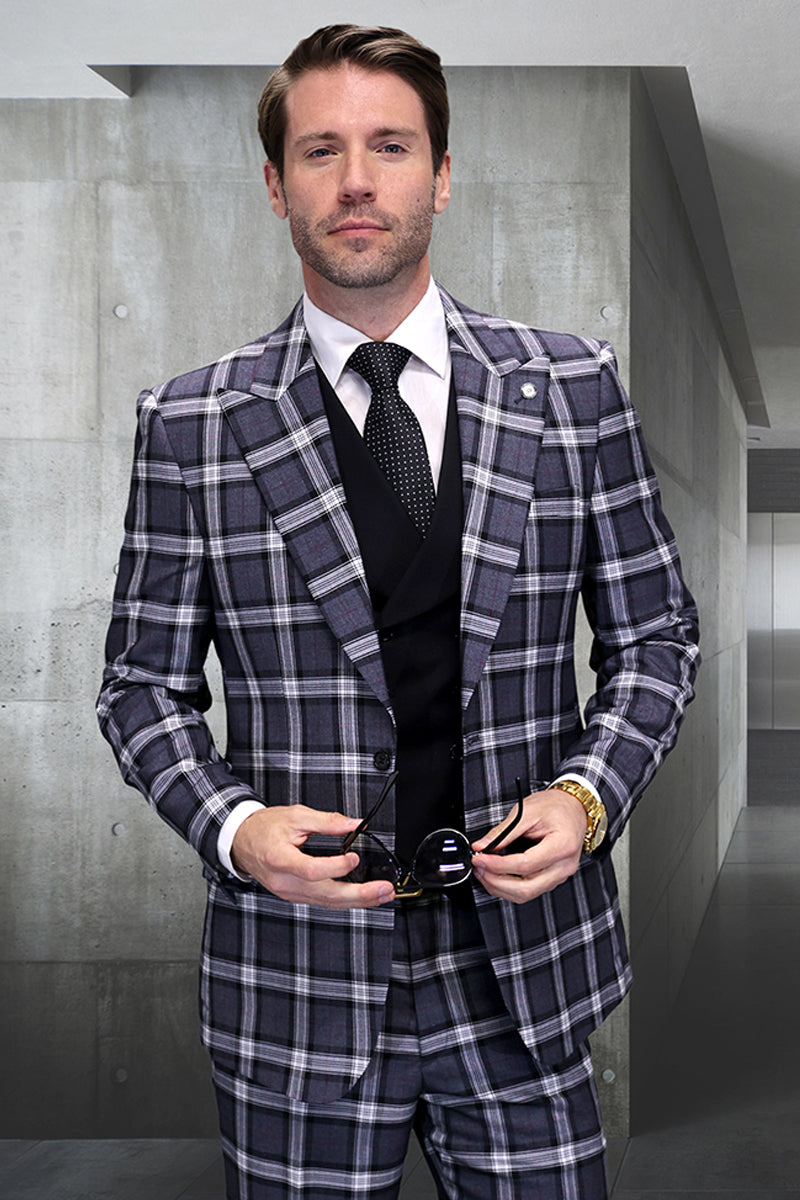 Men’s One Button Wide Peak Lapel Vested Designer Wool Bold Windowpane Plaid Suit in Grey