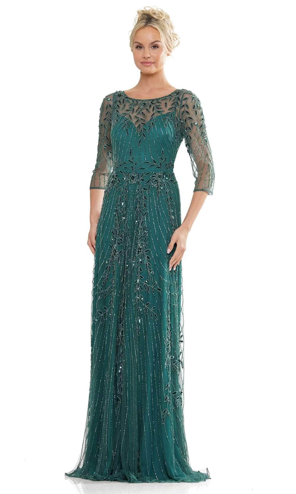 Sheer Quarter Sleeve Embellished Evening Dress