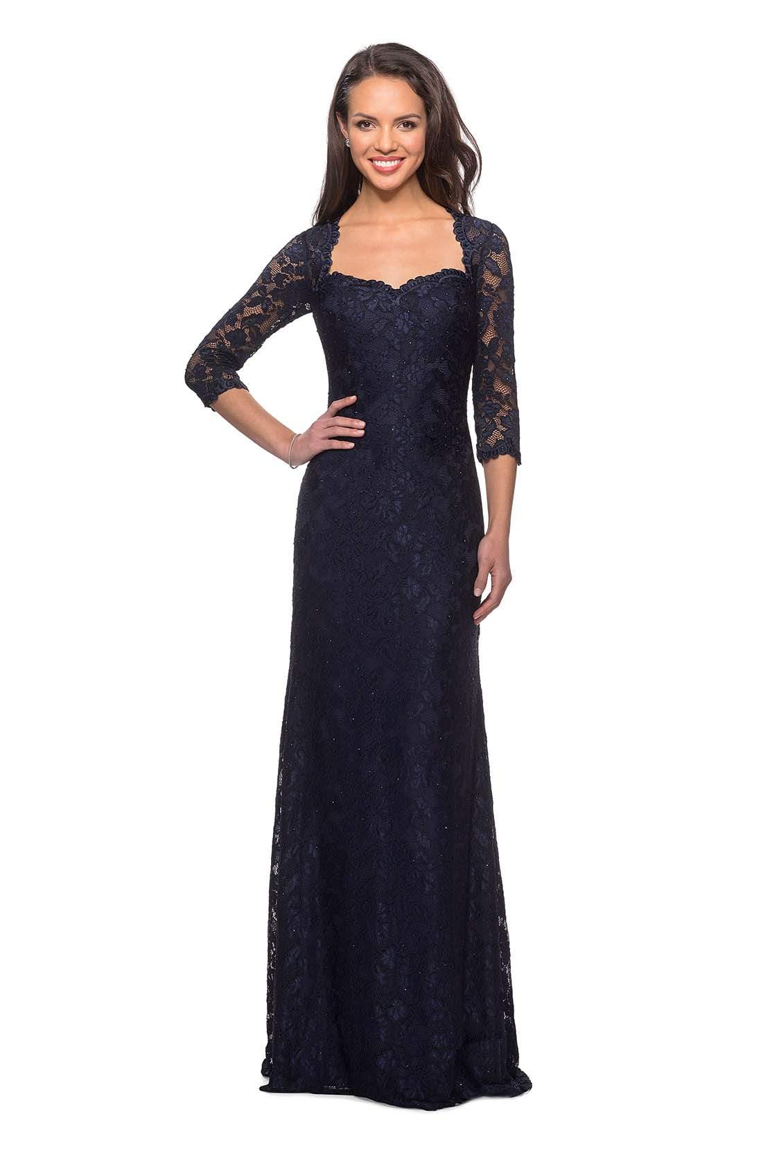 26427 Floral Lace Sheer Quarter Sleeve Sheath Gown