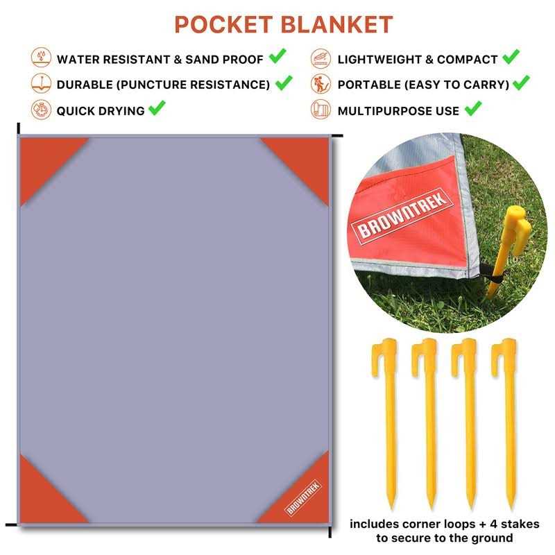 BROWNTREK Pocket Blanket -Compact Picnic Blanket Sand Proof Beach Blanket/Water Resistant Ground Cover. Packable Outdoor Blanket for Hik