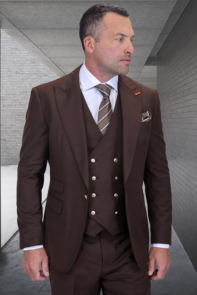 Men’s Designer Wool Vested One Button Peak Lapel Suit in Brown with Gold Buttons