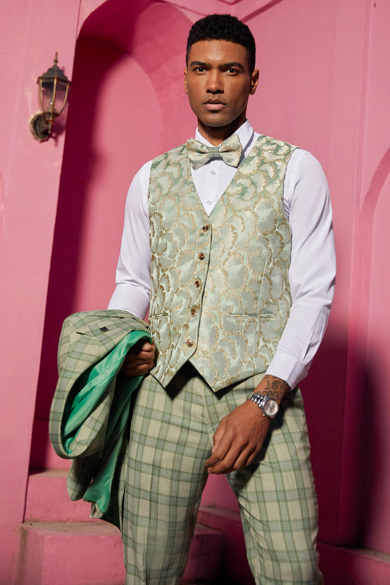 Men’s Stacy Adam’s One Button Peak Lapel Plaid Suit with Paisley Vest & Bow Tie in Sage Green