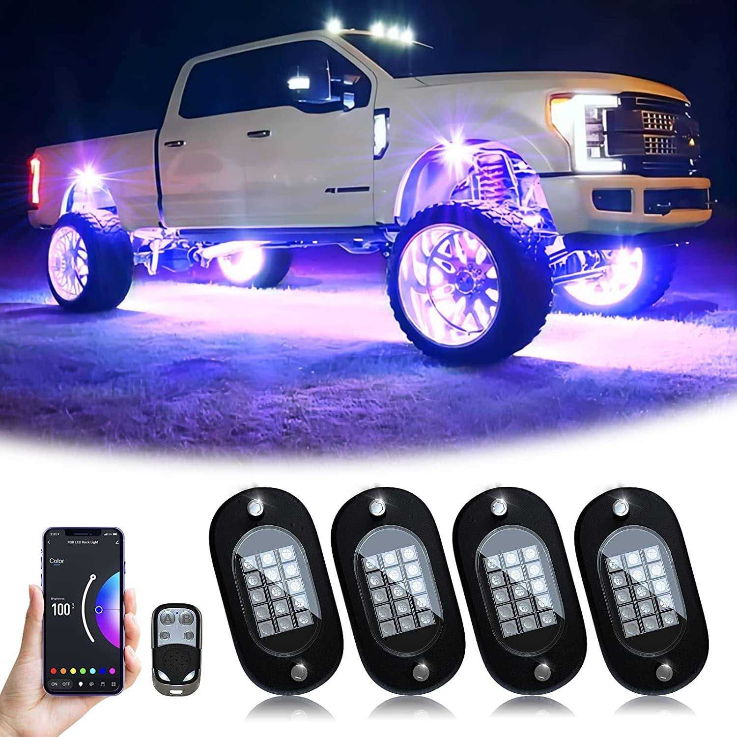 YiLaie RGB LED Rock Lights 60 LEDs High Brightness Multifunction Neon underglow Kit Waterproof Light with App/rf Control Multicolor Lights for ATV