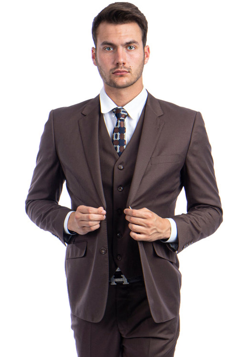 Men’s Designer Two Button Modern Fit Vested Wool Suit in Cocoa Brown