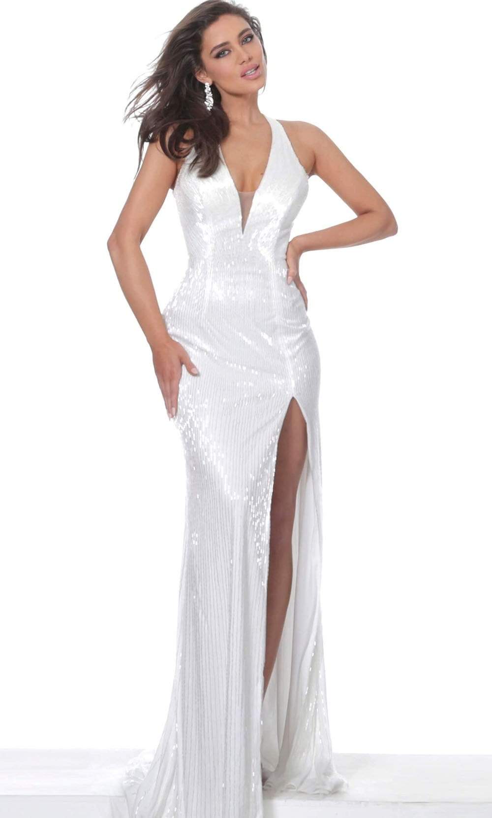 00694 Plunging Neck High Slit Fully Beaded Evening Gown