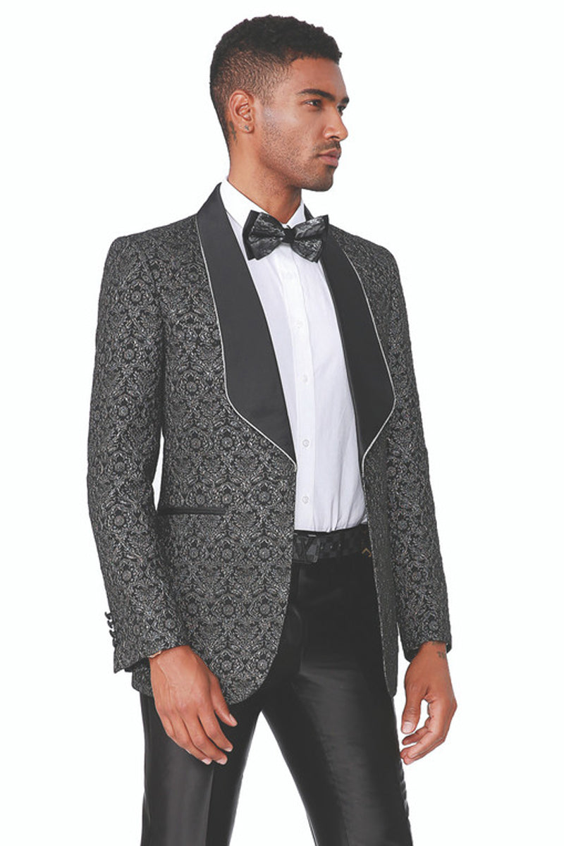 Men’s Fancy Square Lapel Paisley Brocade Tuxedo Blazer in Black